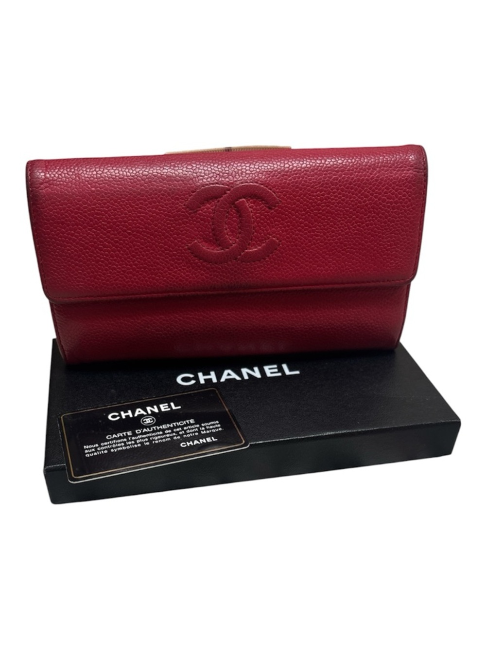 CHANEL Burgundy Caviar Leather Wallet with Embossed CC